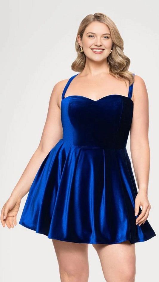 Royal blue plus size velvet homecoming dress with sweetheart neckline and wide shoulder straps