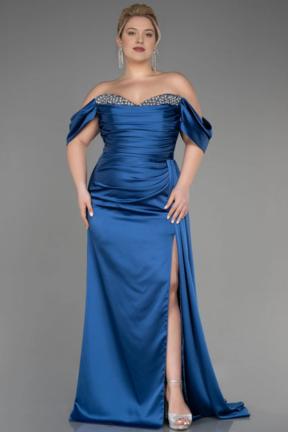 Royal blue satin sheath prom dress with sweetheart neckline, off shoulder sleeves, beaded bodice and thigh high slit