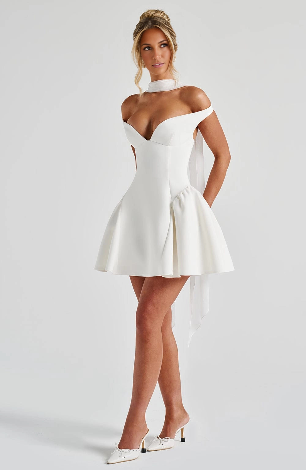 RoselleDress white off shoulder deep v flared mini homecoming dress front view
