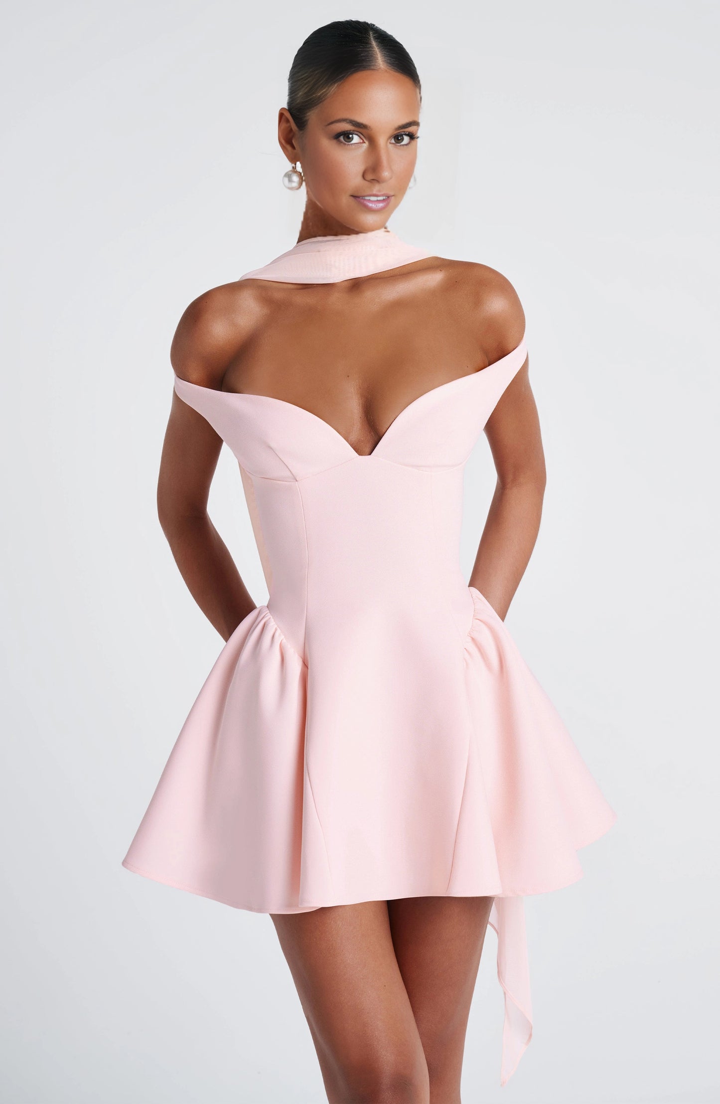 Flared Off Shoulder Deep V Open Back Mini Homecoming Dress