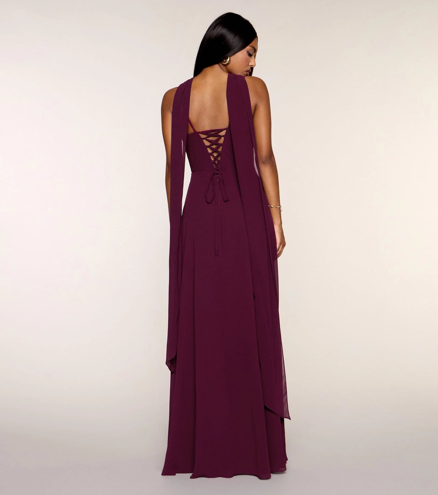 Plum Chiffon A-Line Cowl Sleeveless Lace Up Streamer Back Maxi  Prom Dress
