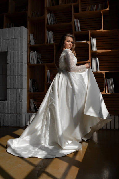 Elegant Ball Gown V-Neck Long Sleeve V-Back Plus Size Wedding Dress