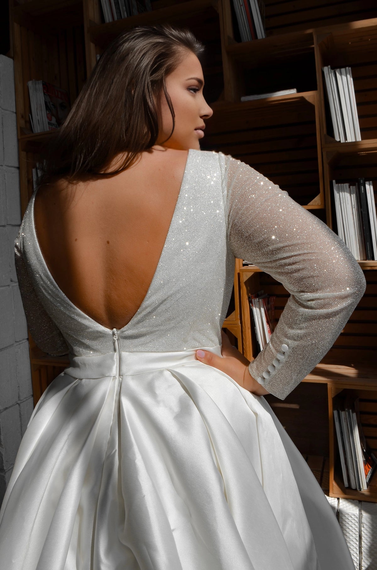 Elegant Ball Gown V-Neck Long Sleeve V-Back Plus Size Wedding Dress