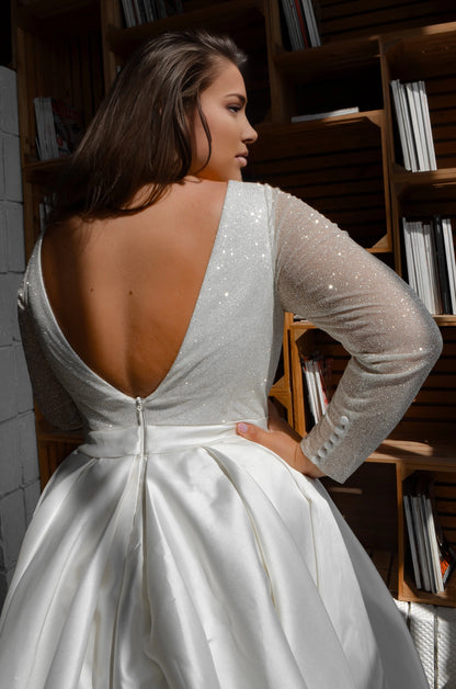 Elegant Ball Gown V-Neck Long Sleeve V-Back Plus Size Wedding Dress