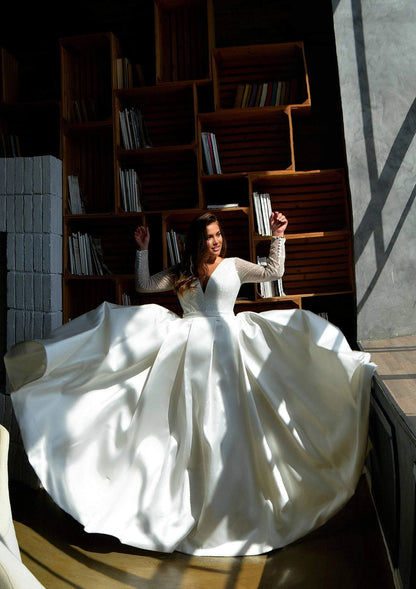 Elegant Ball Gown V-Neck Long Sleeve V-Back Plus Size Wedding Dress