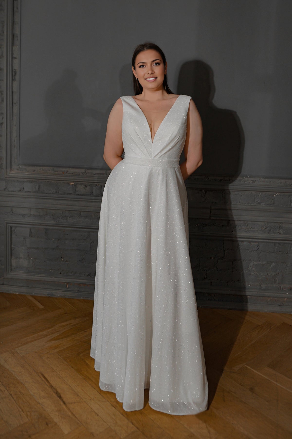 Elegant A-Line V-Neck Sleeveless V-Back Plus Size Wedding Dress