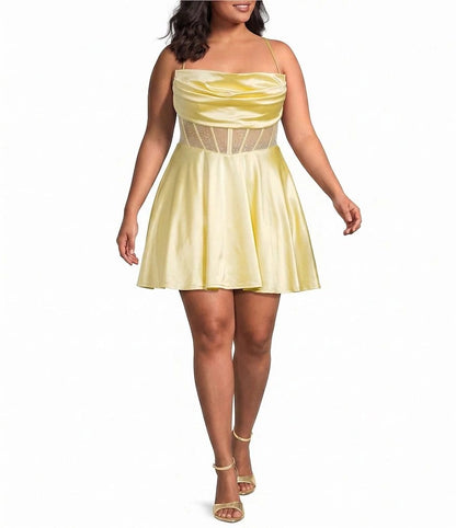 Yellow plus size cowl neck satin homecoming dress with sheer rhinestone corset waist and A-line skirt
